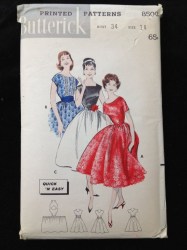 8509 BUTTERICK 1959=60 SLEEVES OR NOT FLARE PARTY DRESS, CUMMERBUND PATTERN 14 34